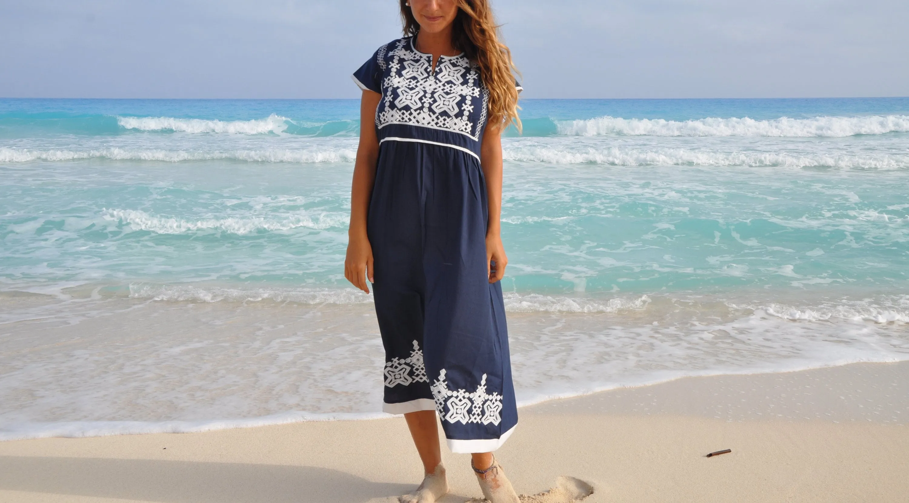 Navy Blue Tunic embroidered dress, Bohemian embroidery tunic, Egyptian cotton. Summer, beach, resorts, Gypsy dress.