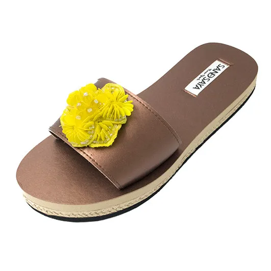 Noho Yellow Flower- Sequenced Embroidered Motifs with Waterproof Espadrille Flat Sandals for Women