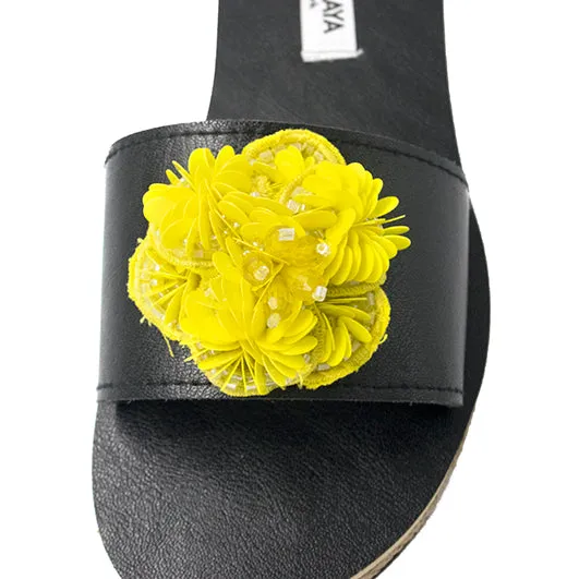 Noho Yellow Flower- Sequenced Embroidered Motifs with Waterproof Espadrille Flat Sandals for Women