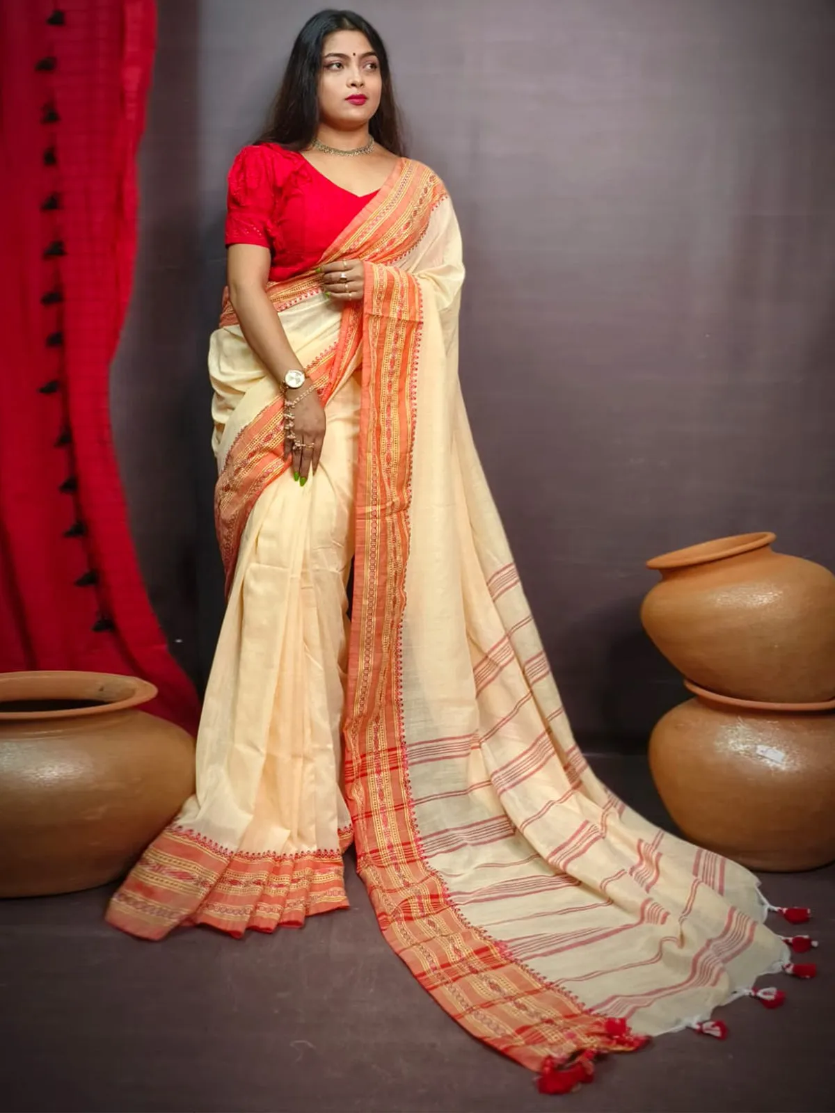 Odette Beige Cotton Saree With Unstitched Blouse For Women