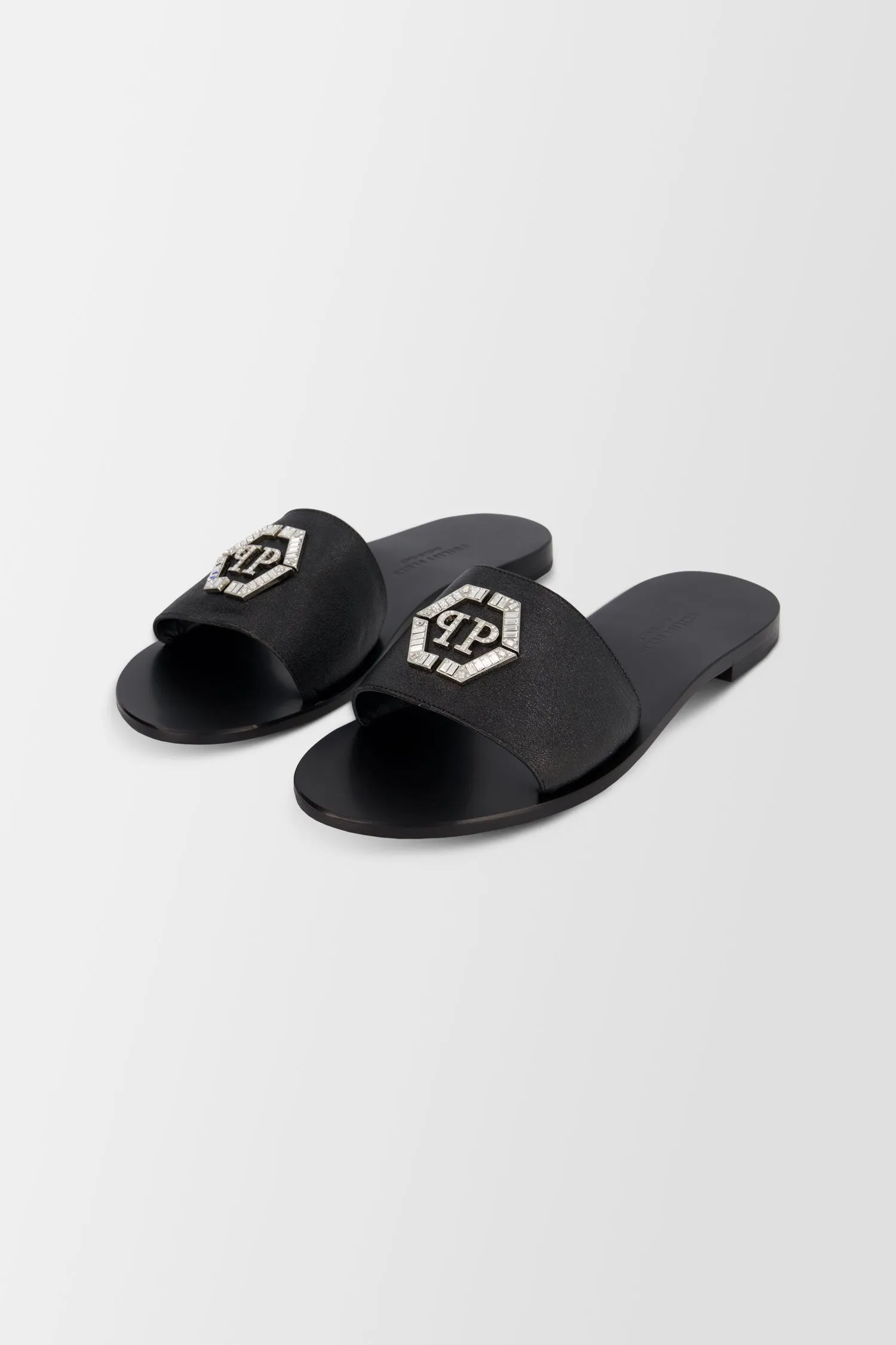 Philipp Plein Black Hexagon Logo Flat Slides