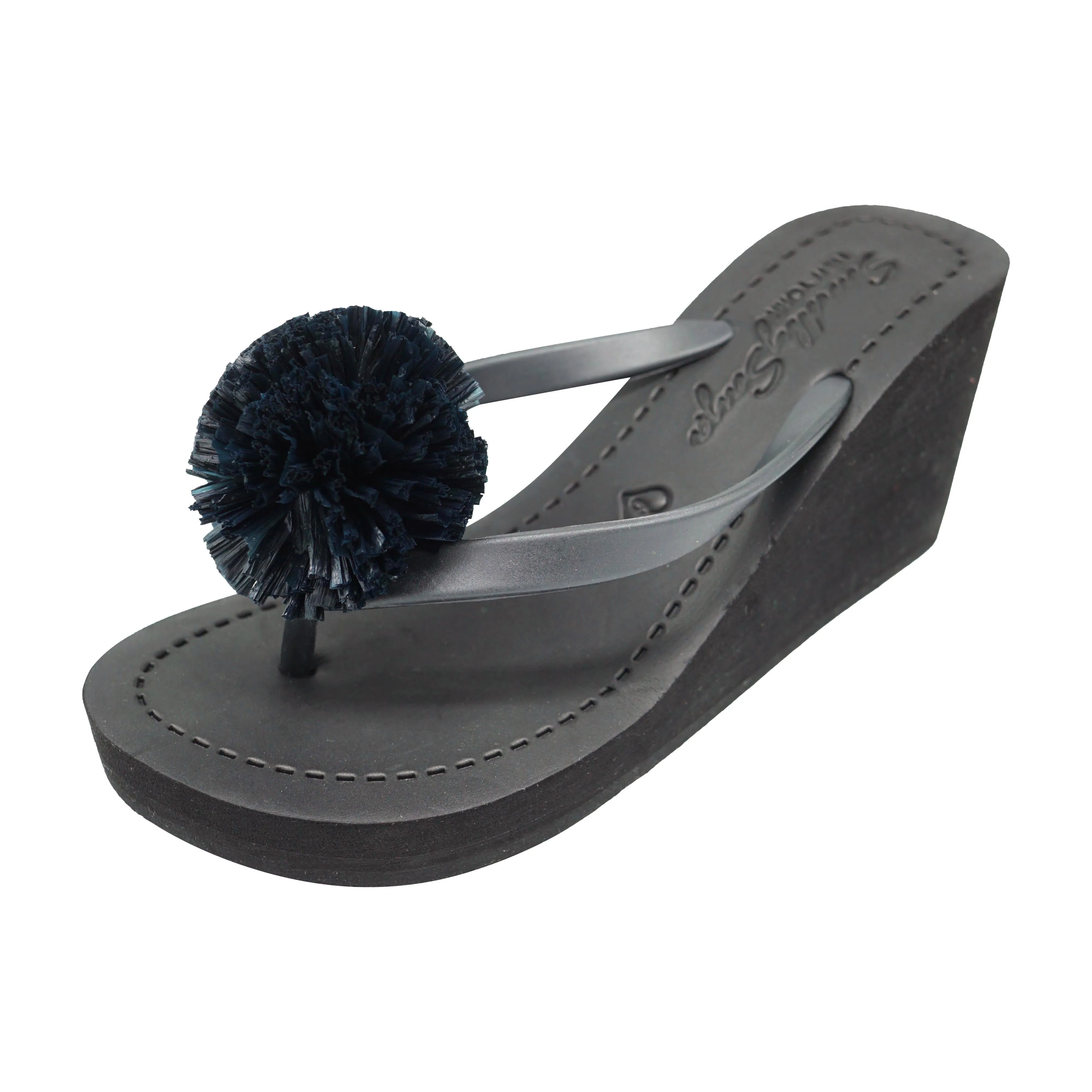 Raffia Pom poms - Embellished Women's High Wedge Flip Flops Sandal