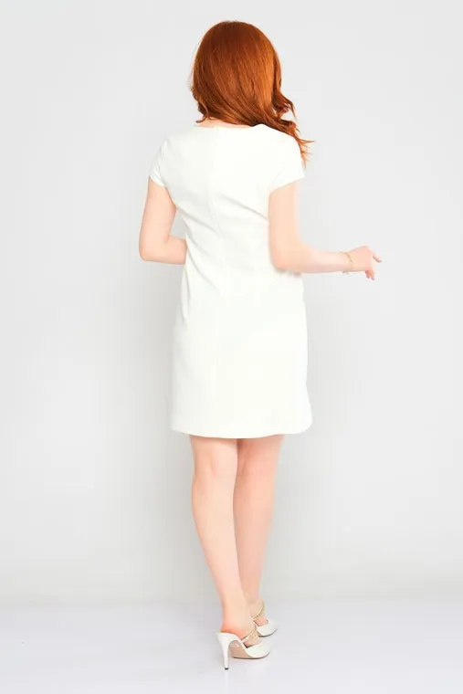 Round Neck Short Sleeve Column Dress - White