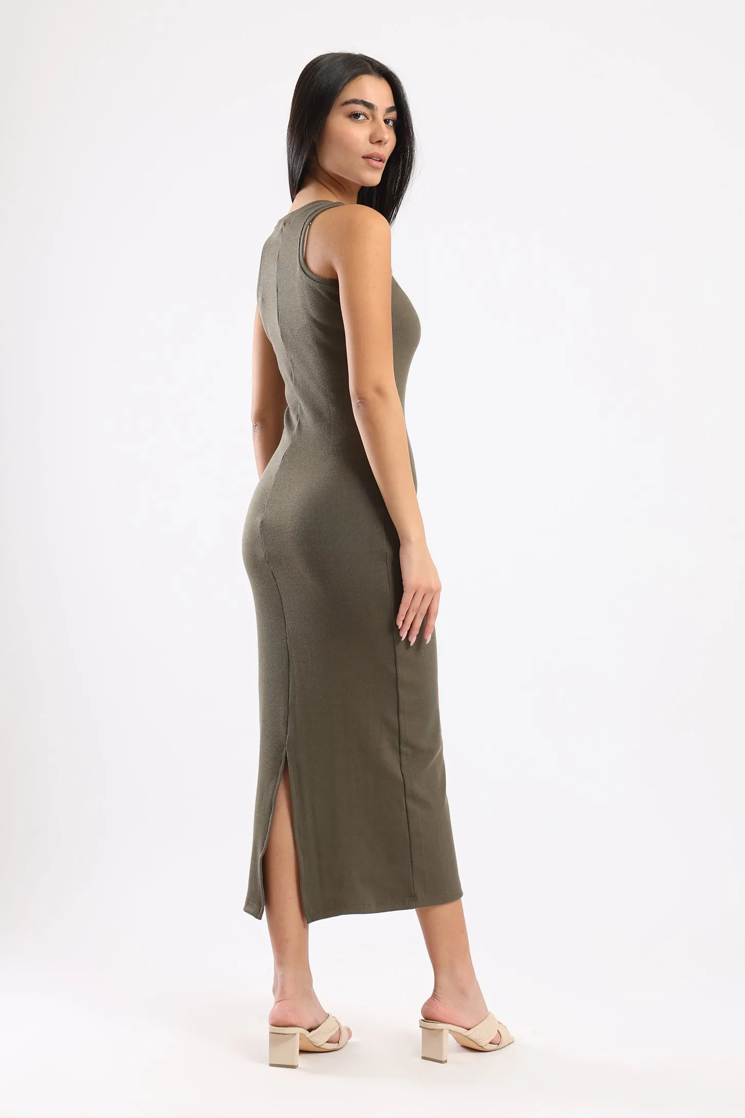 SLEEVELESS RIB KNIT DRESS - KHAKI