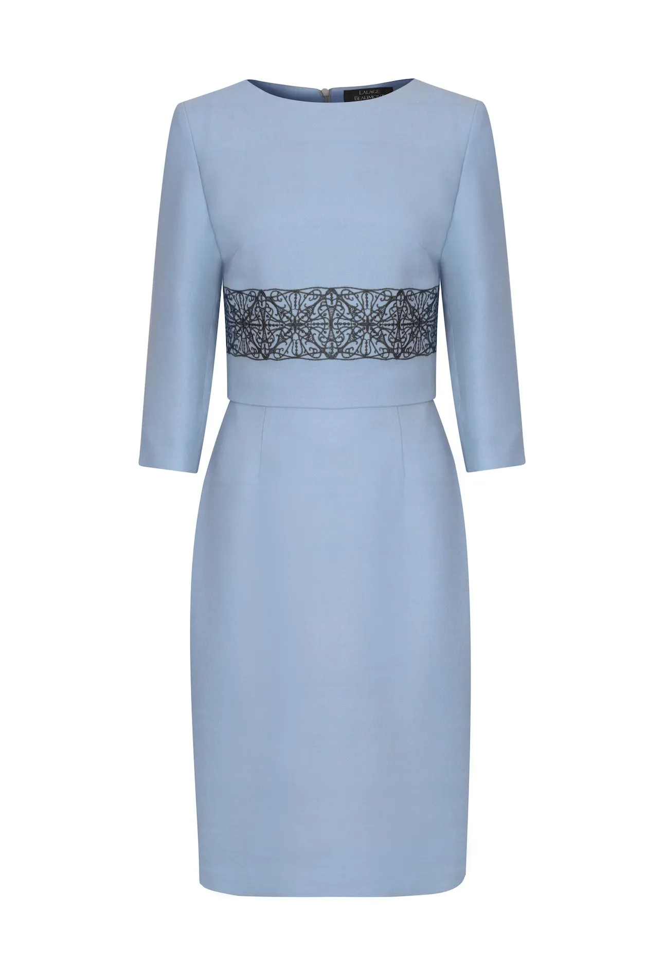 Straight Dress with Over-Bodice in Sky Faille with Dark Grey Embroidery - Rolanda