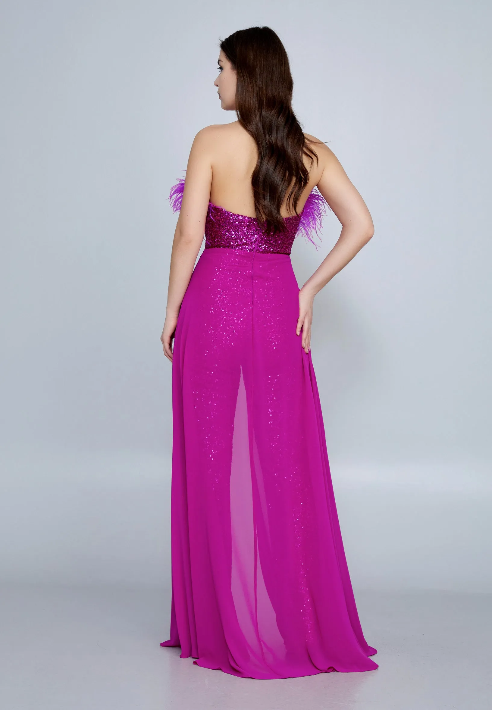 Strapless Sequin Chiffon Regular Fit Evening Jumpsuit - Fuchsia