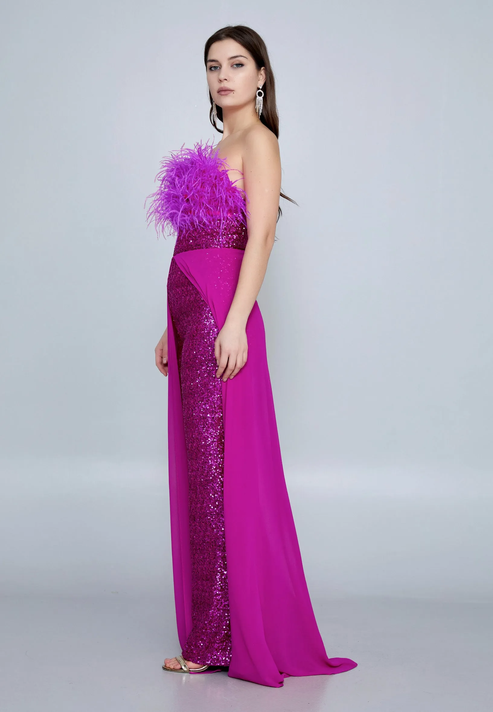 Strapless Sequin Chiffon Regular Fit Evening Jumpsuit - Fuchsia