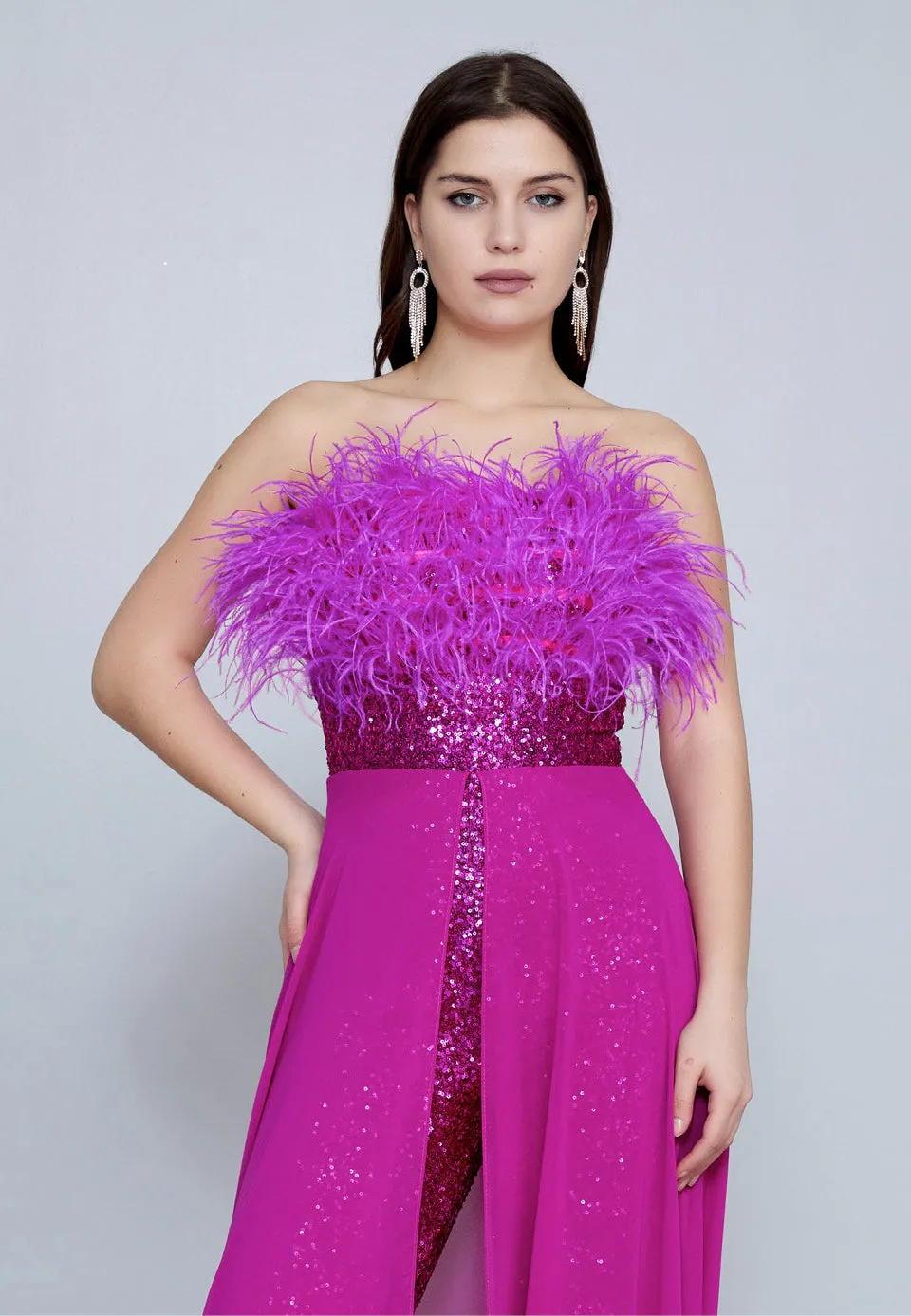 Strapless Sequin Chiffon Regular Fit Evening Jumpsuit - Fuchsia