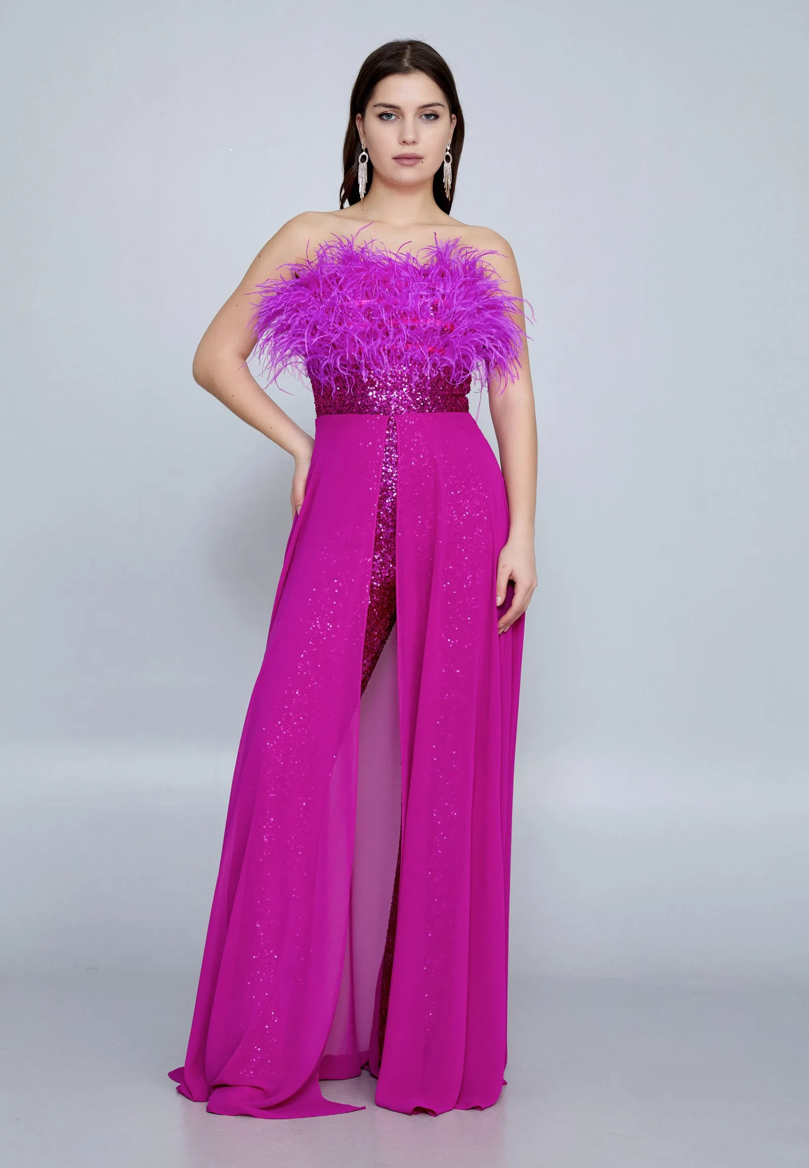 Strapless Sequin Chiffon Regular Fit Evening Jumpsuit - Fuchsia