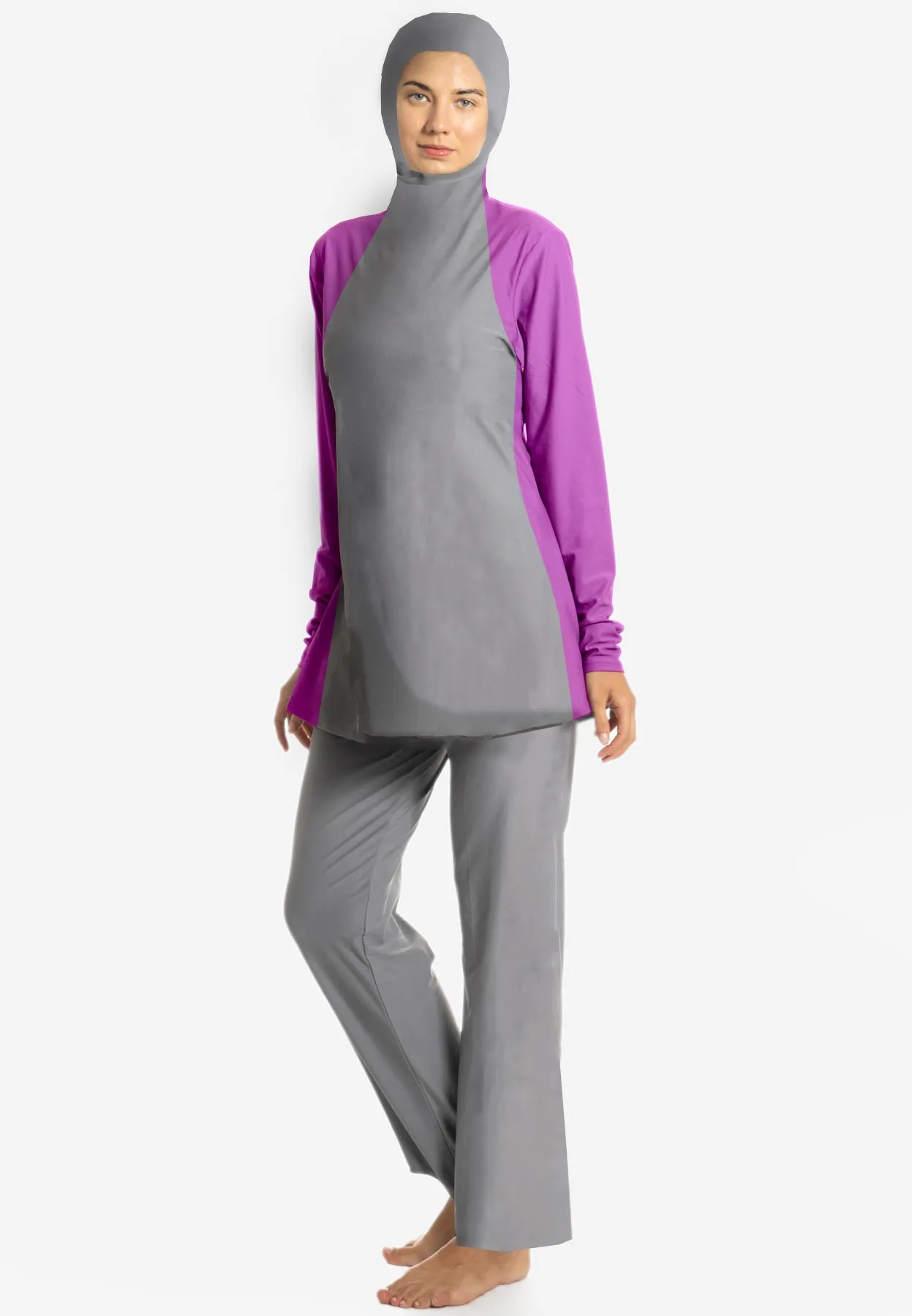 Swim set: Long Sleeve Burkini Swim Set With Hoodie (Grey)