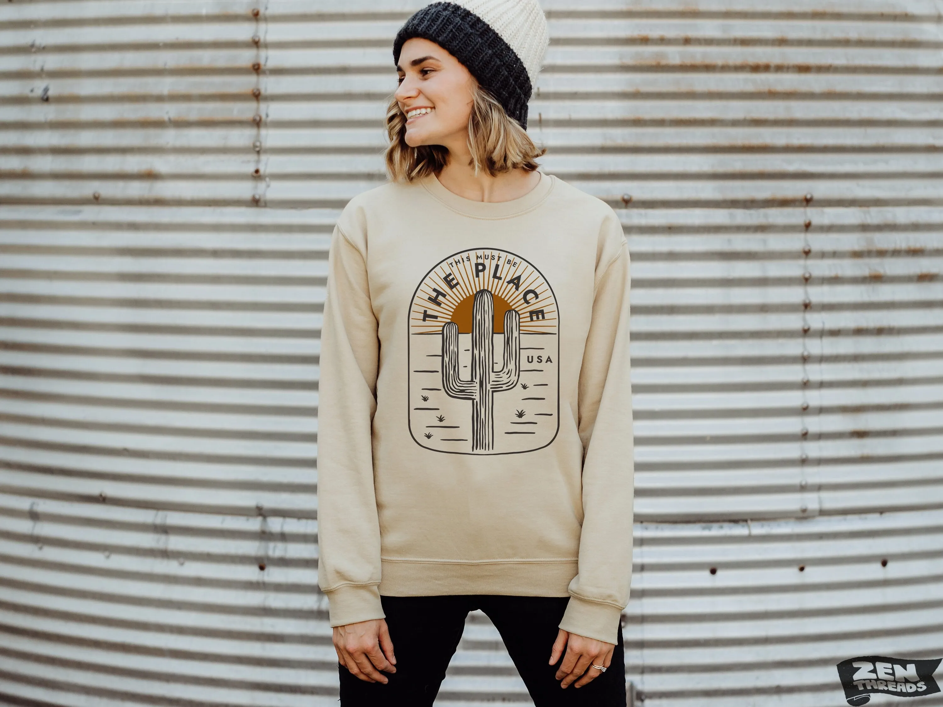 This Must Be the Place Sweatshirt crew neck unisex fit desert parks fleece mens women's camping travel Arizona Texas Utah New Mexico Cali