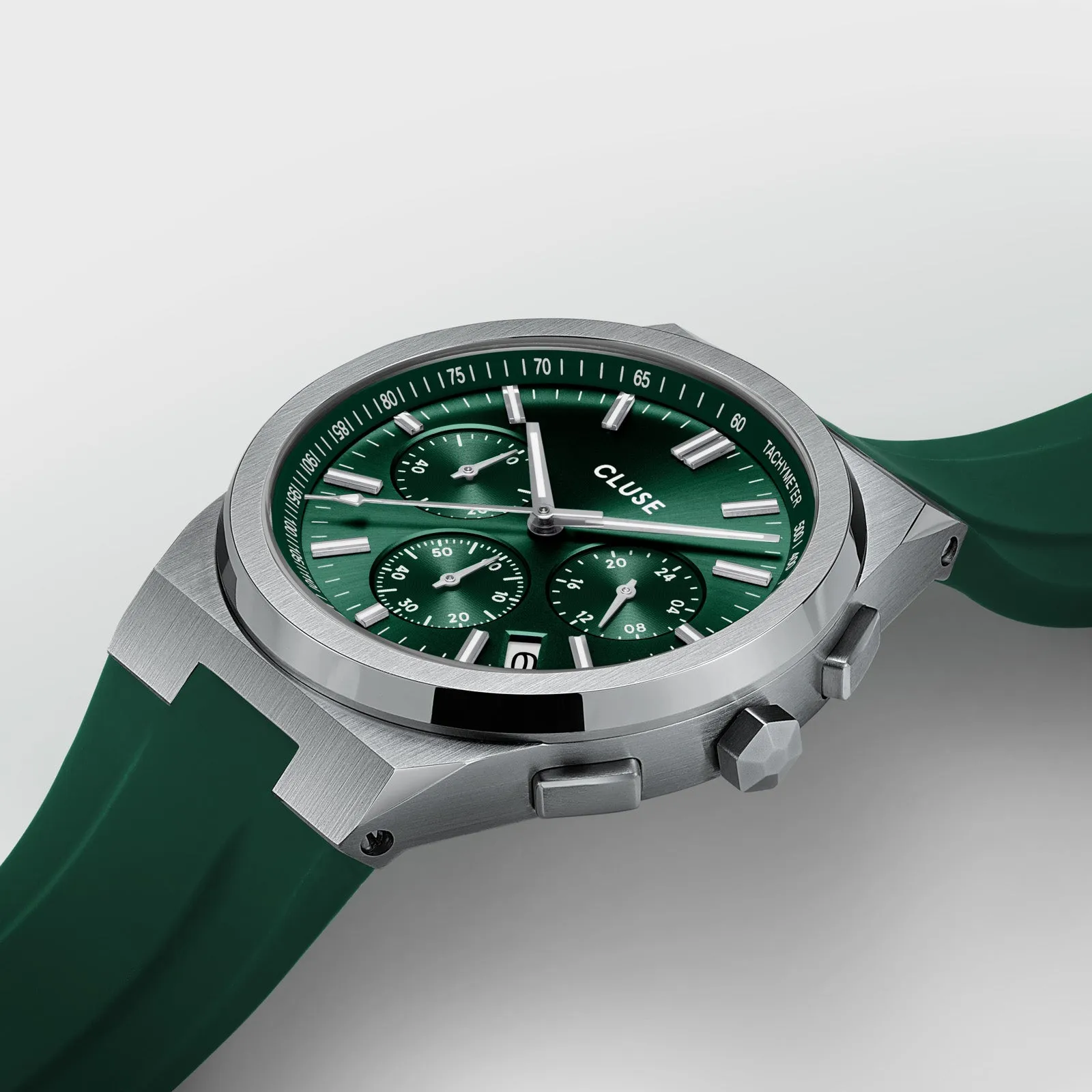 Vigoureux Chrono Watch Silicone Green, Silver Colour