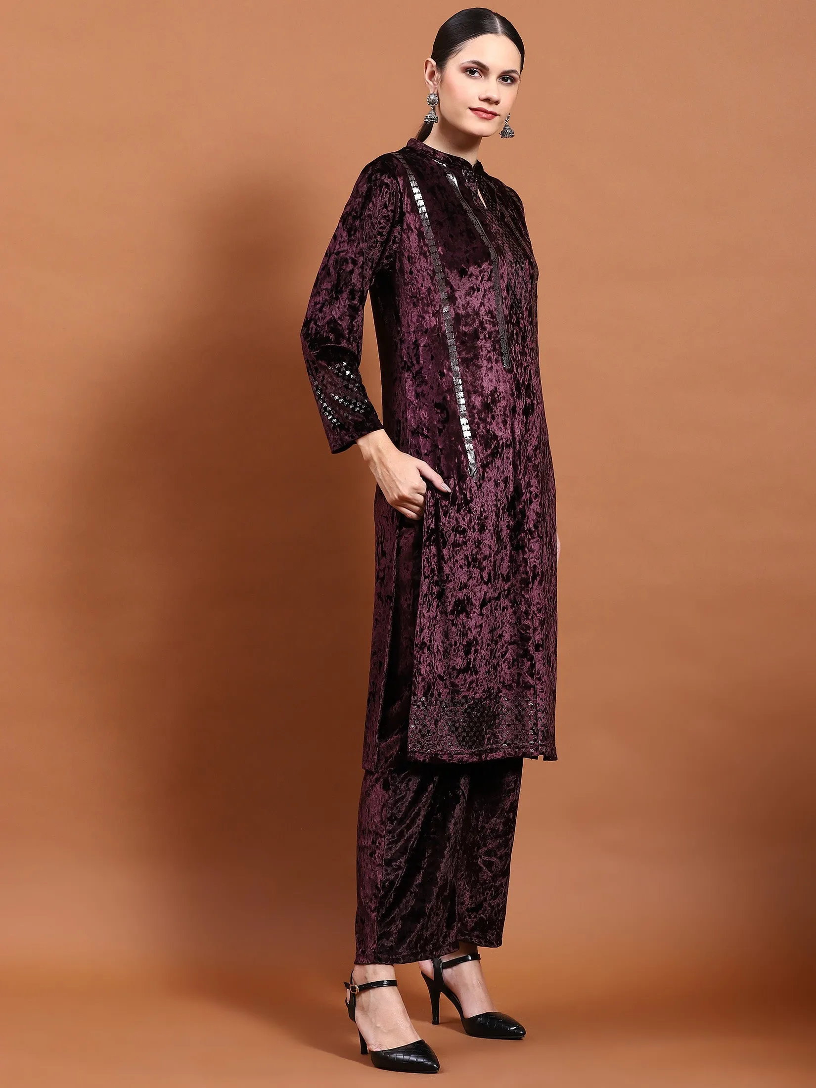 Winter Women Burgundy Velvet Kurta Bottom Dupatta