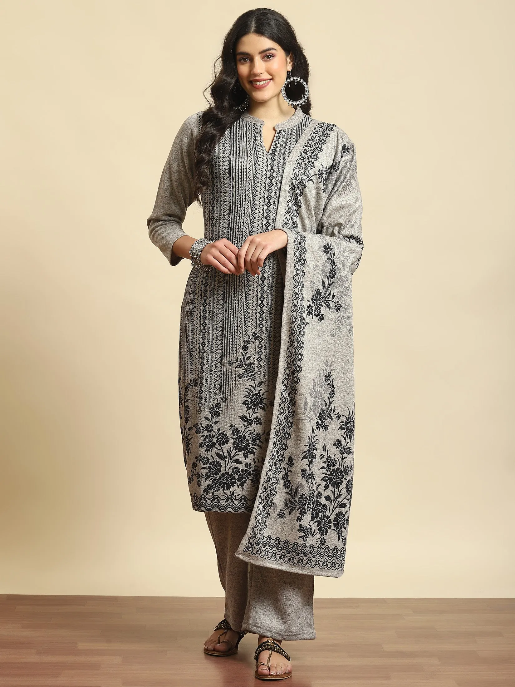 Women Beige Printed Kurta Bottom Dupatta