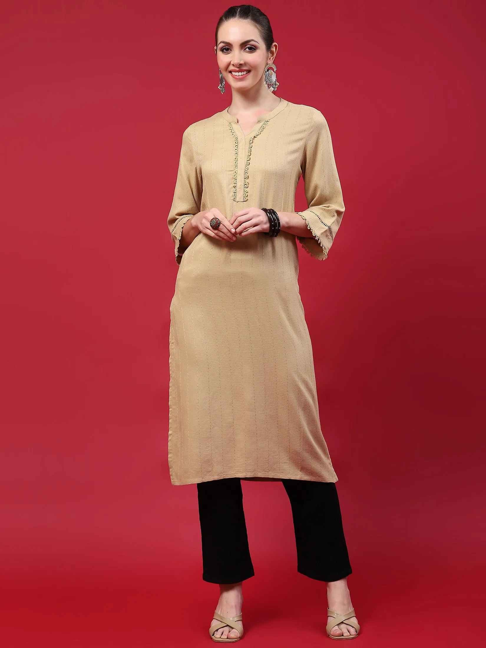 Women Beige Solid Kurta