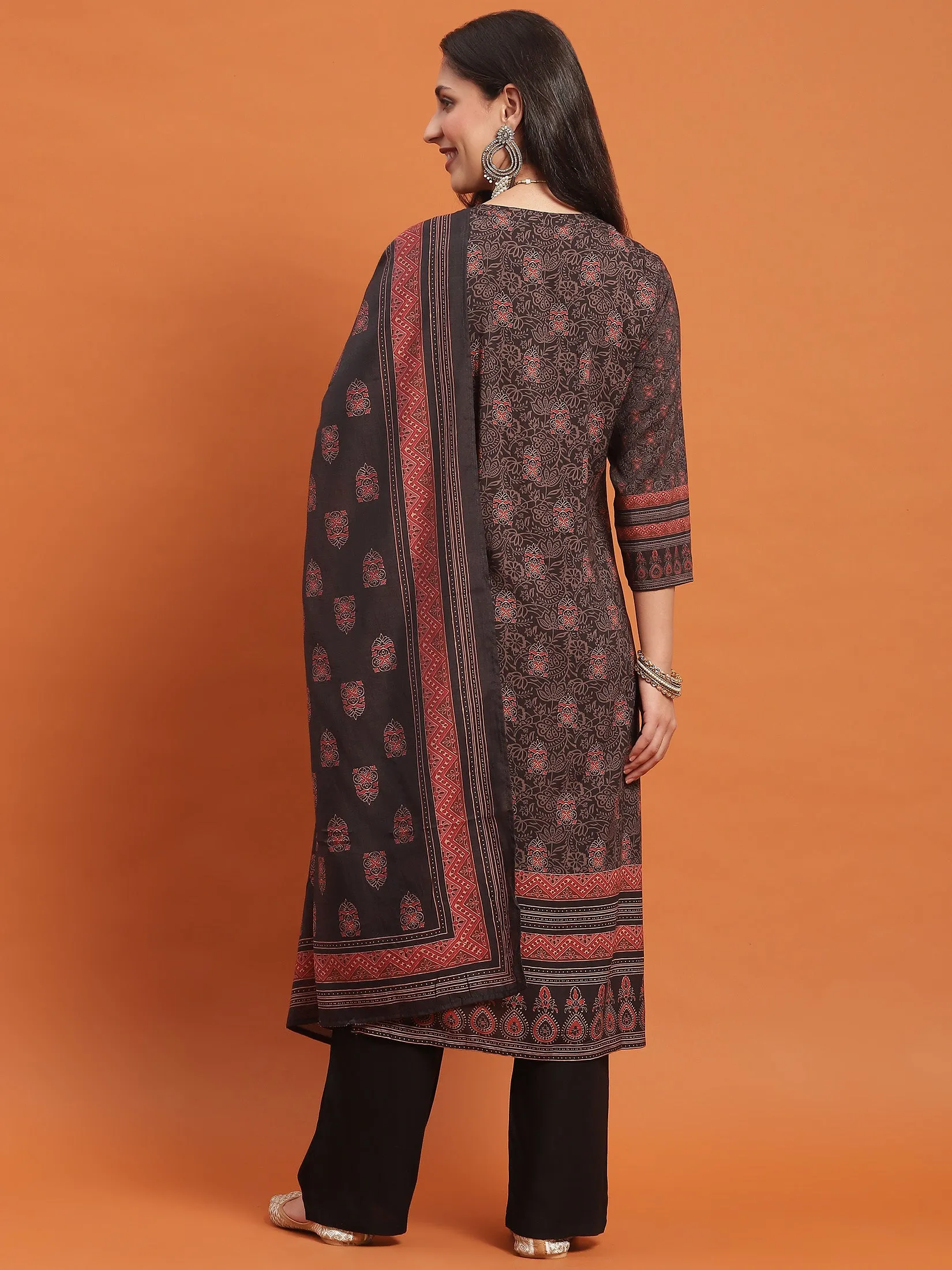 Women Black Geometric Print Kurta Comfort Pant Dupatta