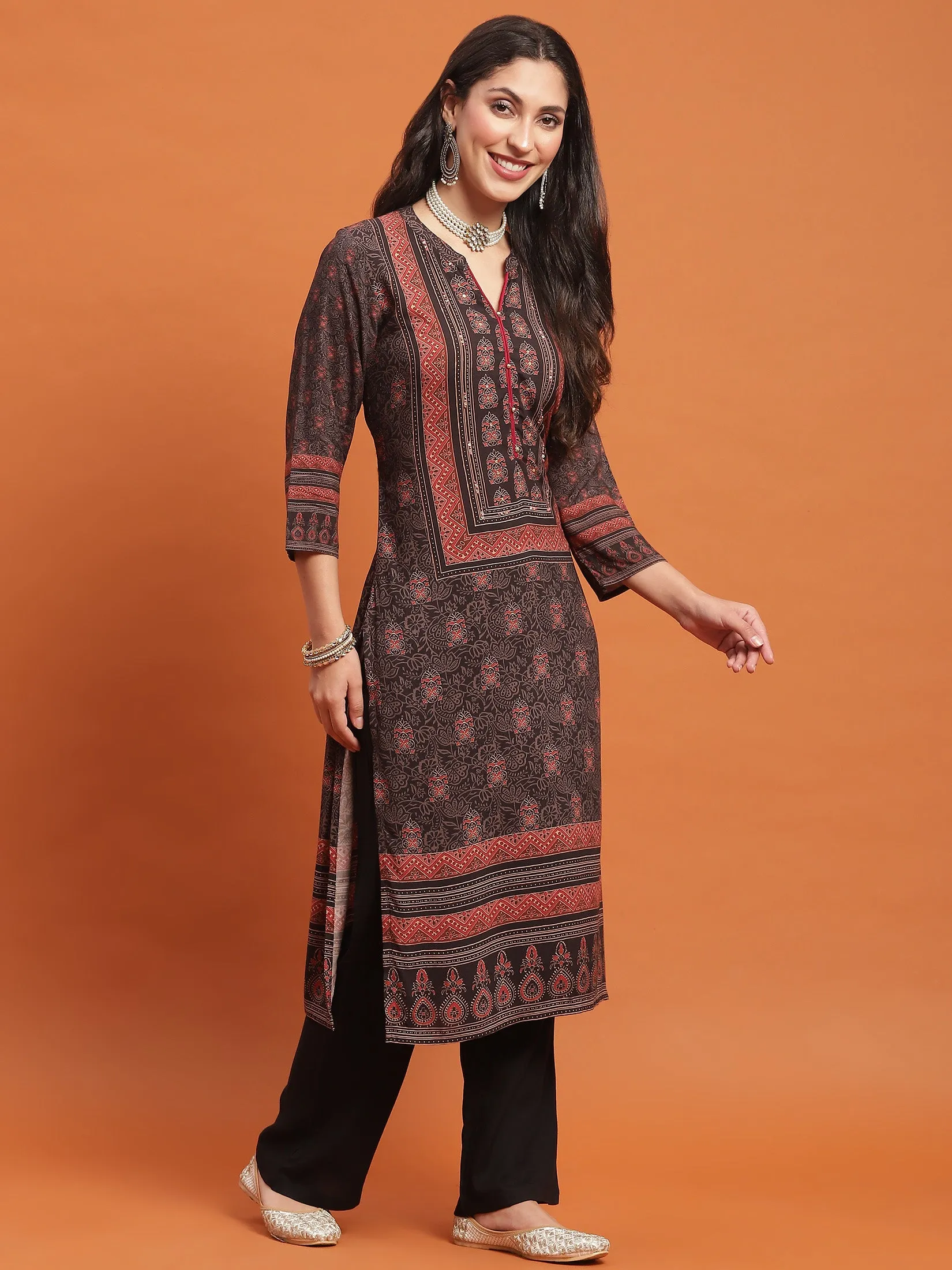 Women Black Geometric Print Kurta Comfort Pant Dupatta