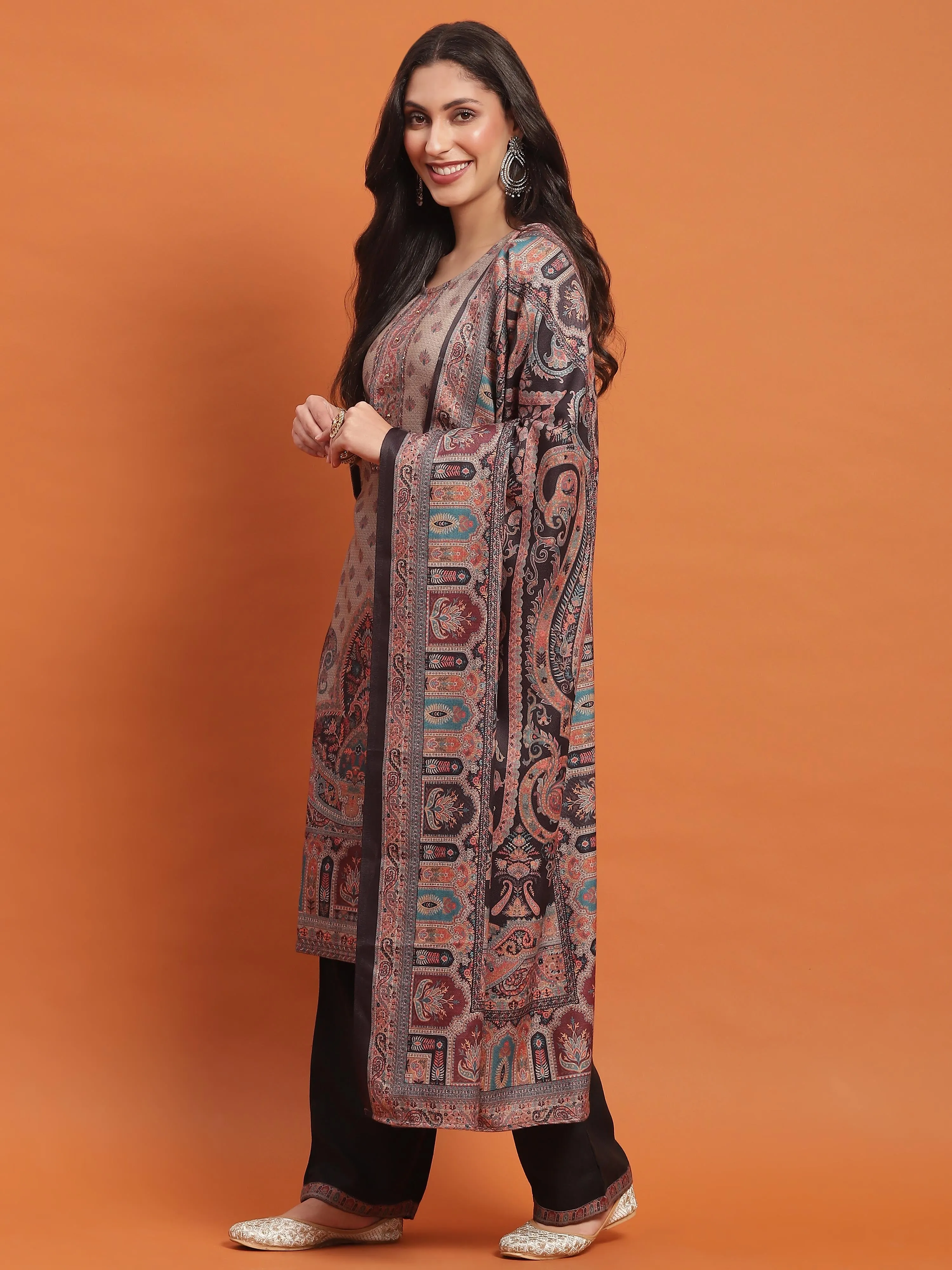 Women Black Paisley Print Kurta Comfort Pant Dupatta