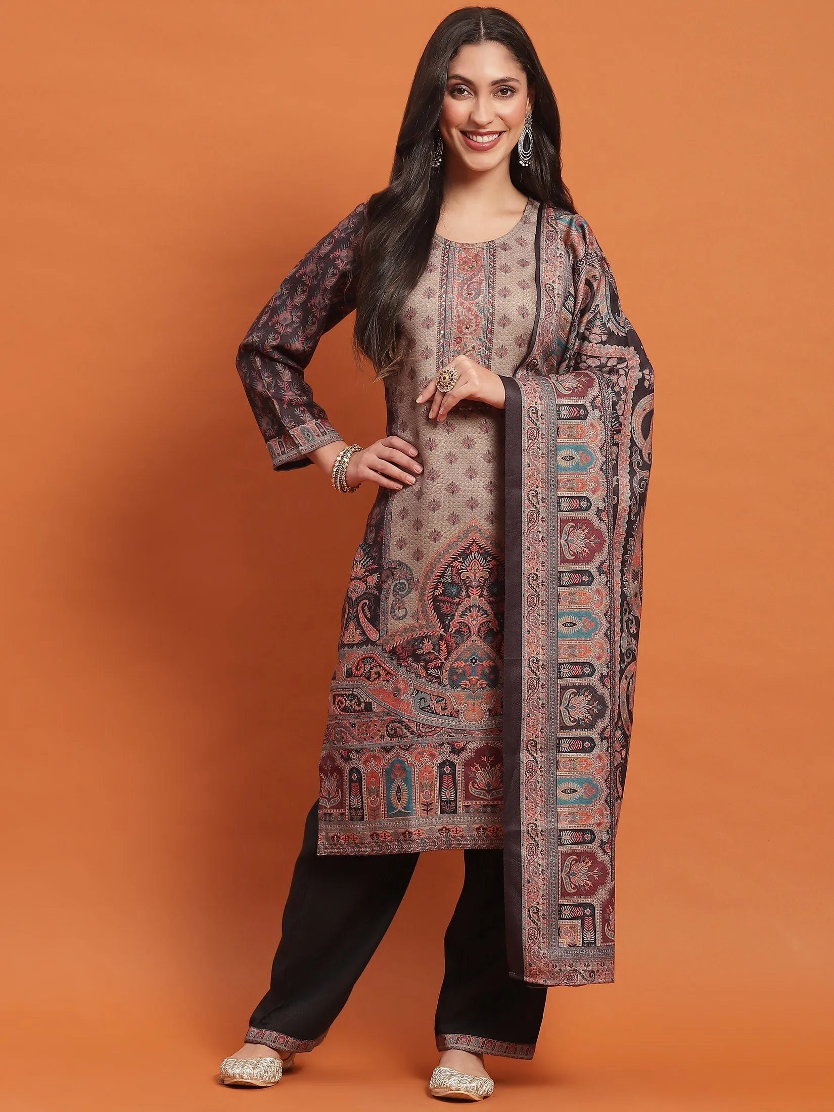 Women Black Paisley Print Kurta Comfort Pant Dupatta