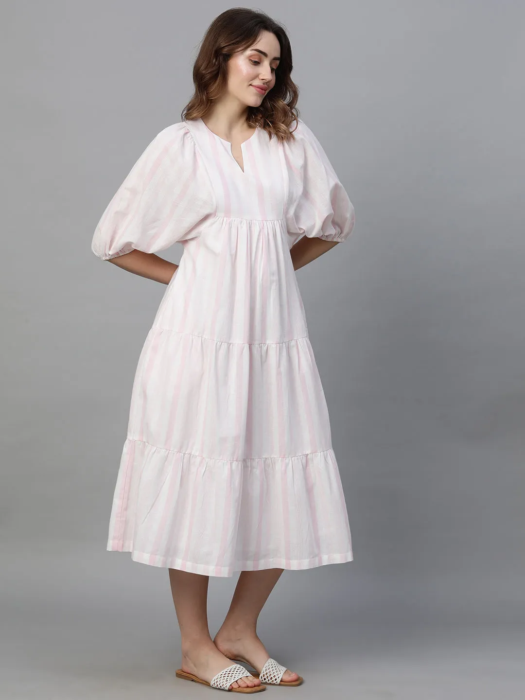 Women's Pink Cotton Linen Regular Fit Dress