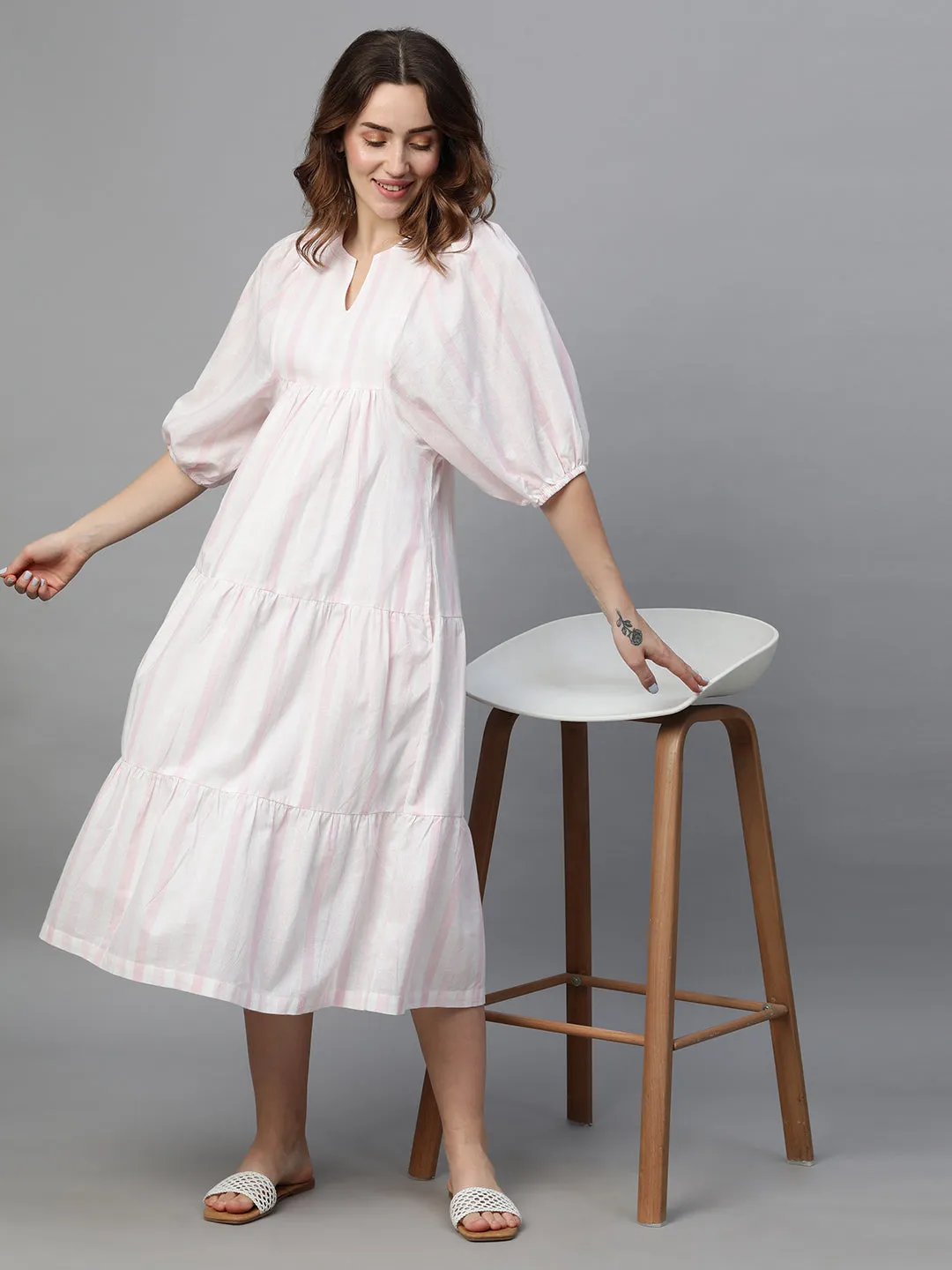 Women's Pink Cotton Linen Regular Fit Dress