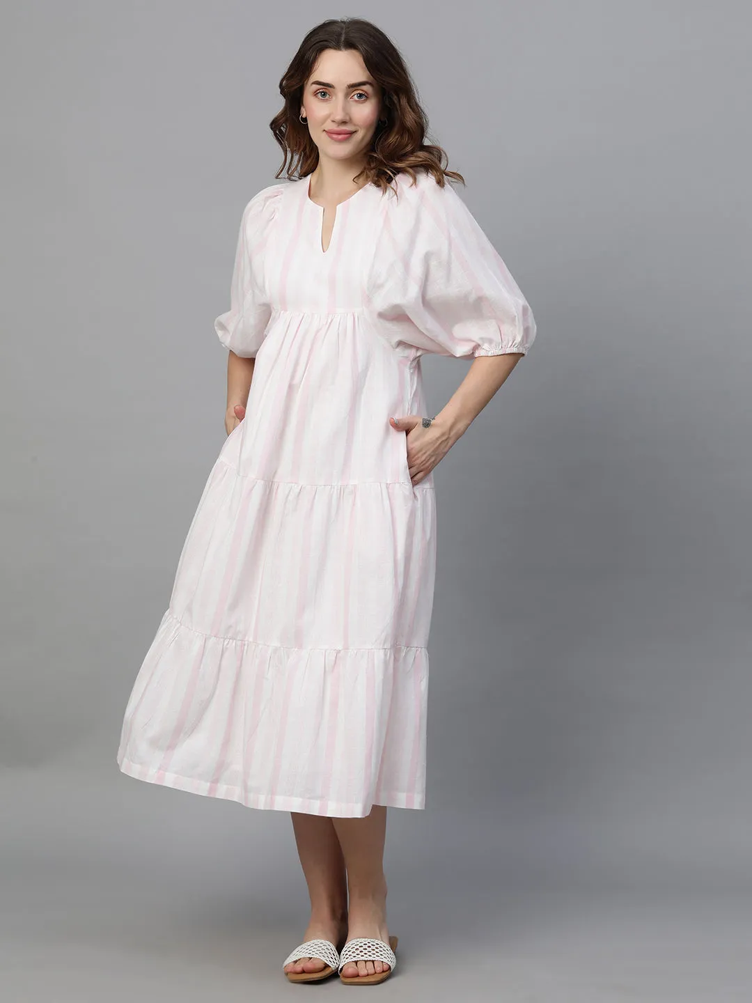 Women's Pink Cotton Linen Regular Fit Dress