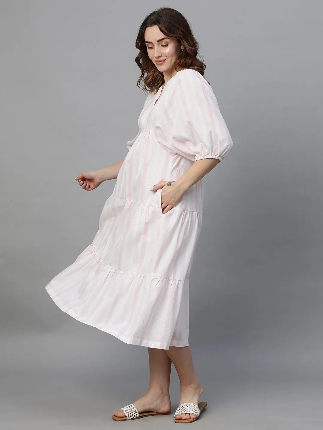 Women's Pink Cotton Linen Regular Fit Dress