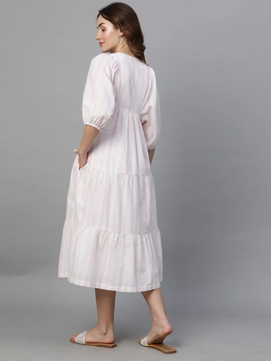 Women's Pink Cotton Linen Regular Fit Dress